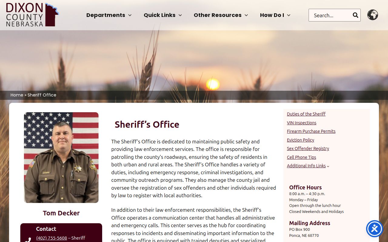 Dixon County Sheriff's Office page for booking-record contact